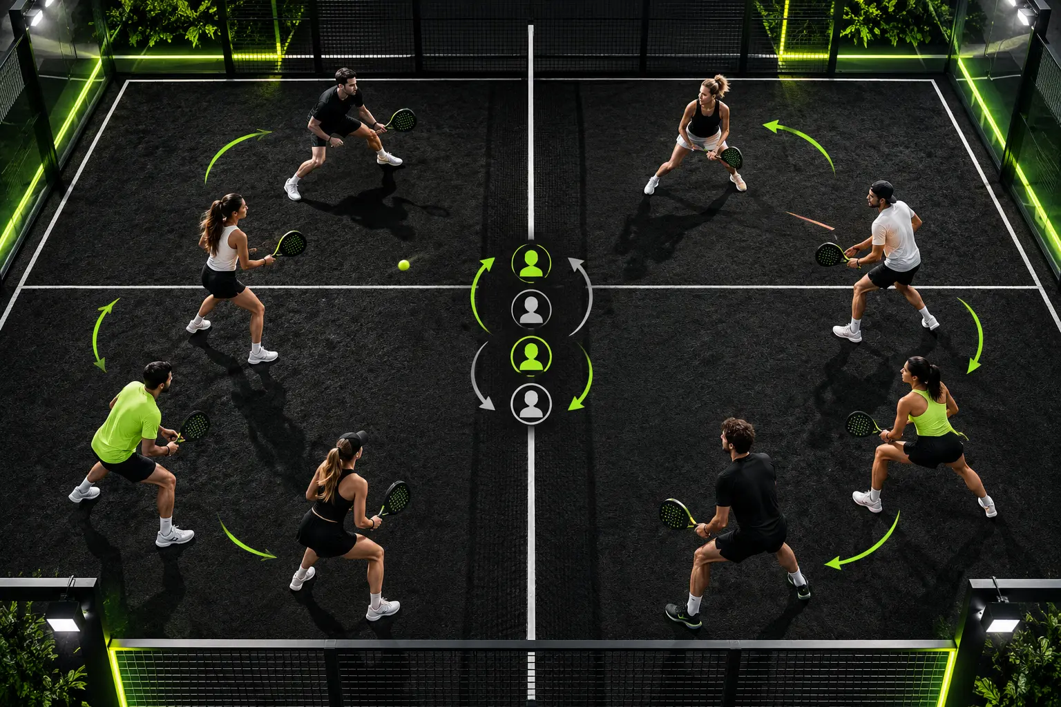 Acht Freizeitspieler auf einem dunklen Padel-Court mit limettengrünen Pfeilen für wechselnde Americano-Paarungen