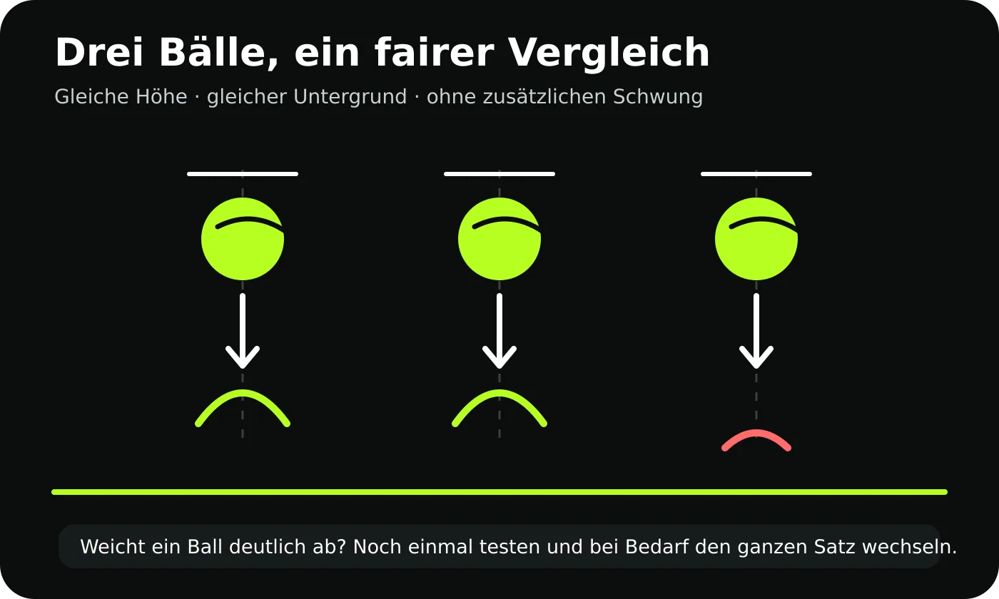 Grafik zum Vergleich von drei Padelbällen aus gleicher Fallhöhe auf demselben Untergrund